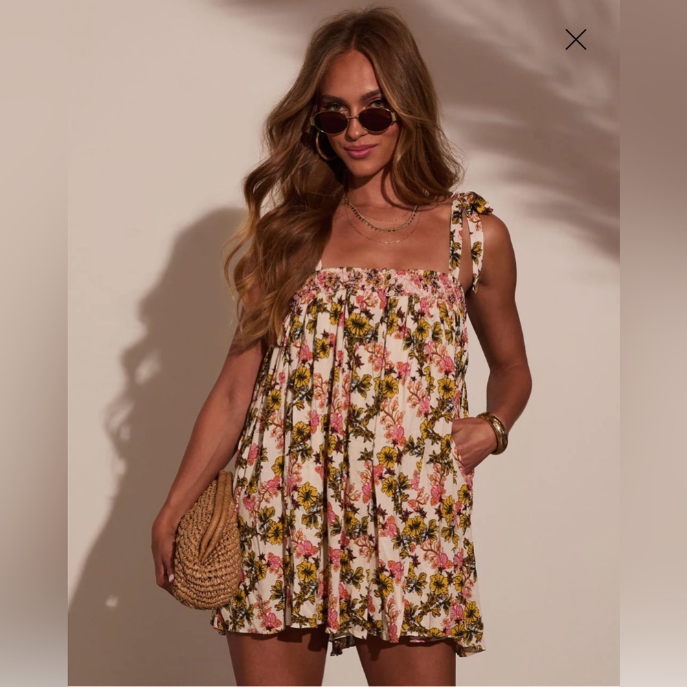 Floral Sundress with Bow Straps- Midsummer Rendezvous Pocketed Romper
